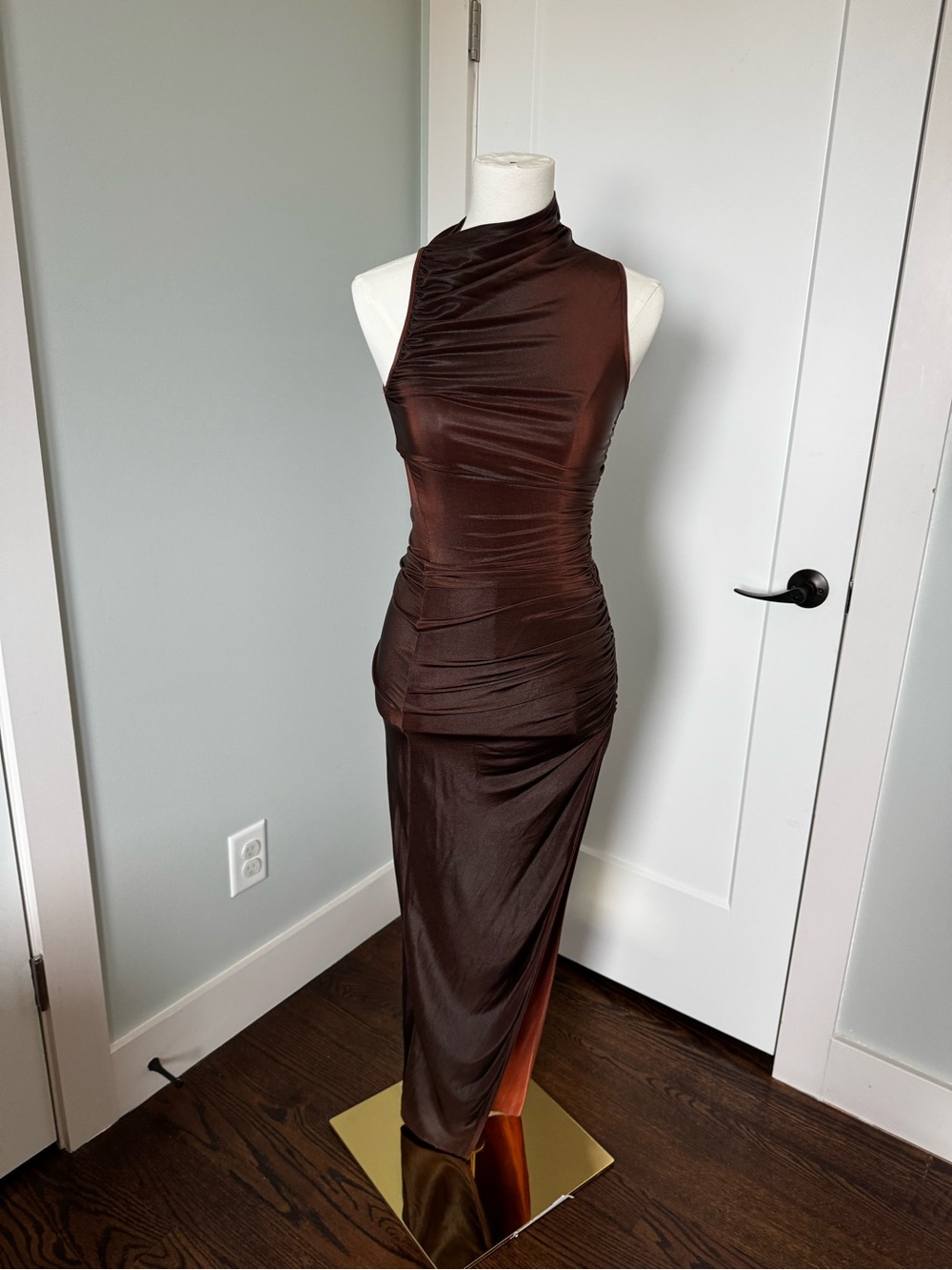 Rick Owens One-Shoulder Ruched Satin Gown in Dark Brown and Rust - Picture 5 of 8